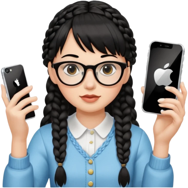 Black hair is braided to one side, braided to the left, and full bangs, wearing horn-rimmed glasses, holding an iPhone white color and taking a mirror selfie so that Apple logo comes out emoji