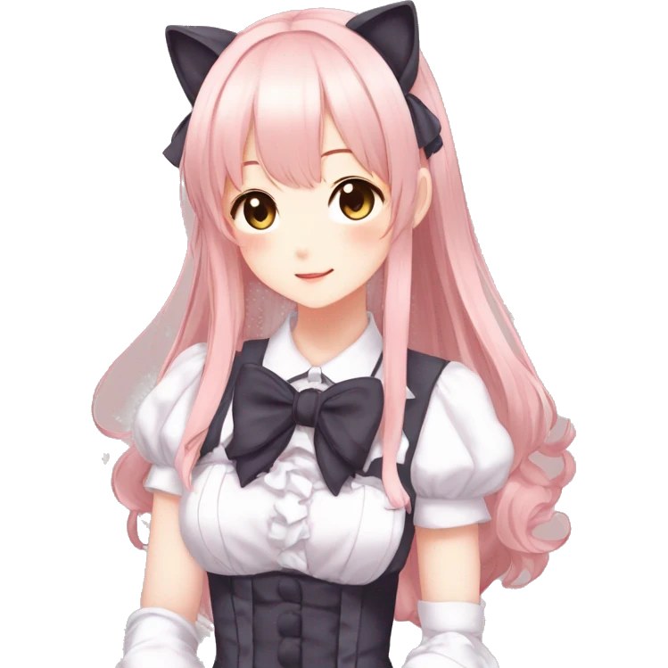 Gorgeous anime style catgirl with blushing face with maid outfit bow tie idol model kawaiicore pearly petite simplistic aesthetic trending style emoji
