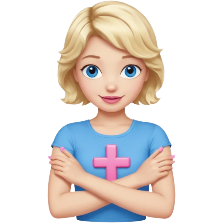 Girl Blonde short wavy hair,  blue eyes, cute blue top, long lashes, pink lips, smiling, making cross arms with arms  emoji