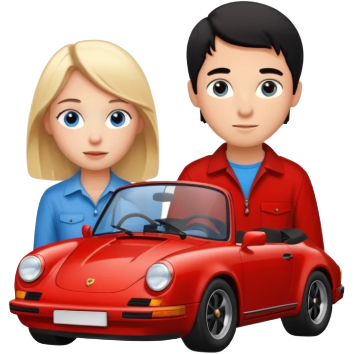 crea un emoji que sea una pareja, una chica rubia con pecas en la cara & los ojos azules & un chico con el pelo negro lindo con ojos cafés que haya un porsche rojo  emoji