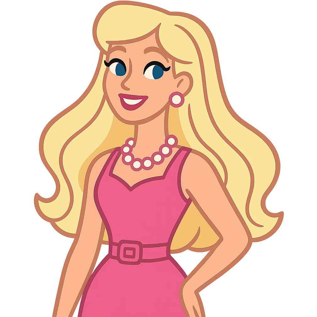 Barbie character, classic pink style, glamorous, smiling, long blonde hair, fashion-forward, iconic look emoji
