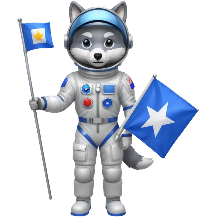 a wolf in space suit, holding blue rectangle flag, full body emoji