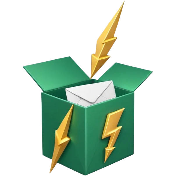 3D minimal open gift box with small floating icons coming out (envelope, lightning bolt, sparkle), matte finish, deep green (#0B3D2C) box, gold (#C9B037) icons, Apple style, ultra minimal, soft shadow, transparent background emoji