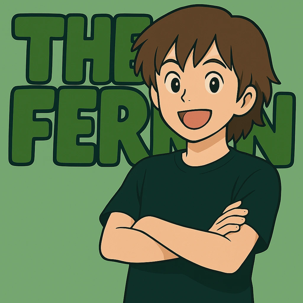 Make the anime man cross his arms while standing in front of the green bubble letters that say 'The Fern'. He should still have a black t-shirt, no jacket, medium-length brown hair, and an expressive anime face. Keep the playful, bold vibe in Ghibli style. emoji
