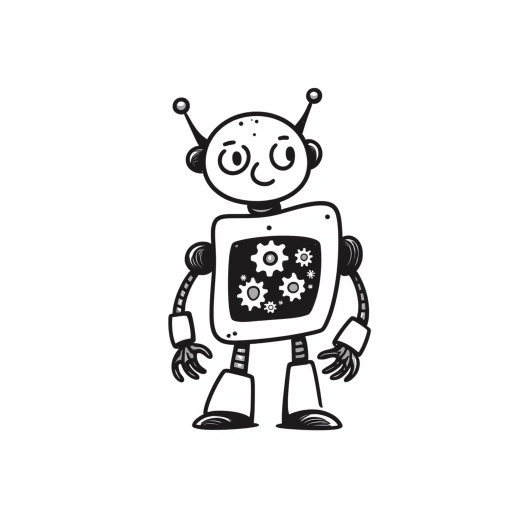 Hand-drawn robot with mechanical arms and gears emoji