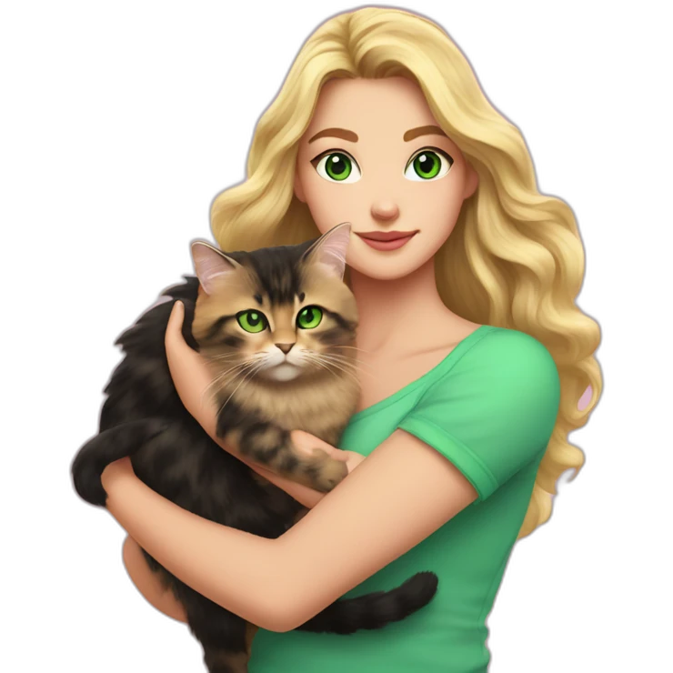 woman with green eyes and long wavy blonde hair and big boobs in a pink shirt is holding a very fluffy and fat black and tortoiseshell cat emoji