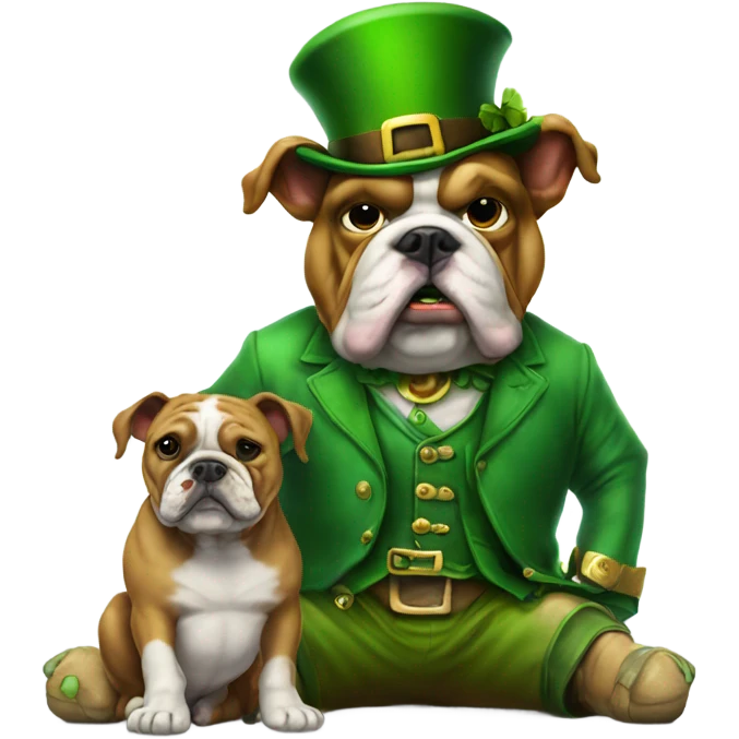 Leprechaun with one foot on a bulldog emoji