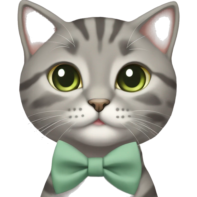 Aesthetic round-faced grey tabby British short hair full body cat with sage green bow tie emoji