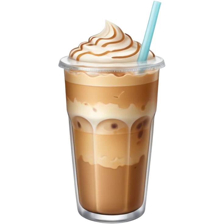 An iced latte in a transparent matte glass, showing how the milk and coffee mix, with ice touching the inner walls of the glass, and a clear lid with a transparent straw on top. Use soft and pastel tones. emoji