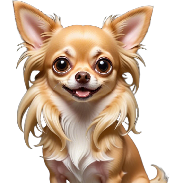 Cinematic Comical Long Haired Fawn Chihuahua Portrait Emoji, Head tilted dramatically with an exaggeratedly shocked or offended expression, long, silky fawn hair flowing with a vibrant sheen, wide, expressive dark eyes filled with exaggerated disbelief, Simplified yet hilariously expressive features, highly detailed, glowing with a slightly sassy glow, high shine, dramatic yet playful, stylized with an air of attitude, bright and endearing, soft glowing outline, capturing the essence of a sassy and over-the-top companion, so meme-worthy it feels like it could side-eye its way into internet fame instantly! emoji