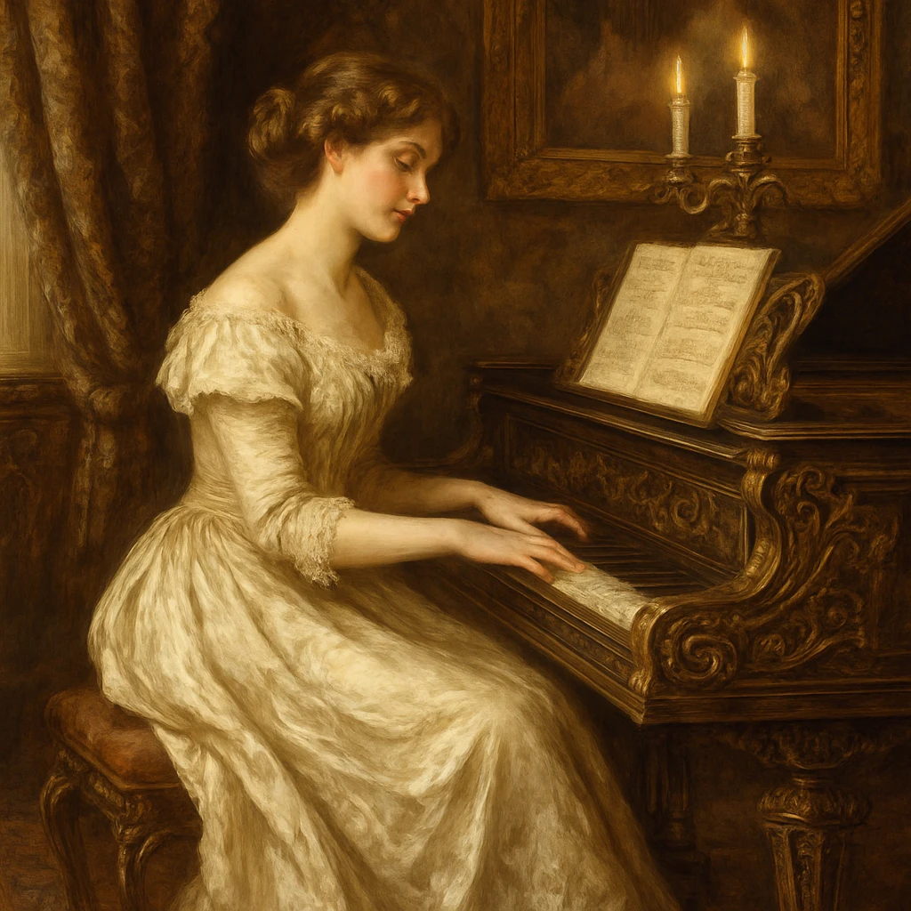 romantic period classical piano, elegant, ornate, 19th-century style, musical, expressive, detailed emoji