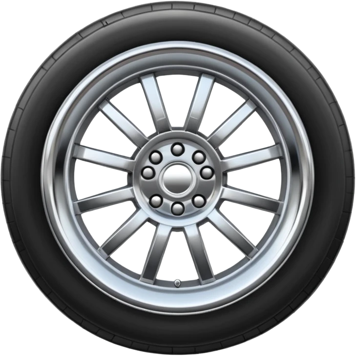 A chrome car wheel emoji, polished silver metal rim, smooth circular shape, minimal futuristic design, soft reflections, iOS emoji style, centered on white background, ultra clean look emoji