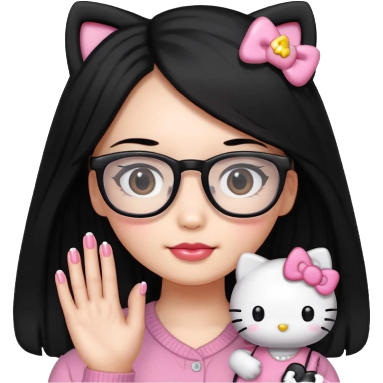 Nails cute hello kitty wear glasses black long  hair emoji