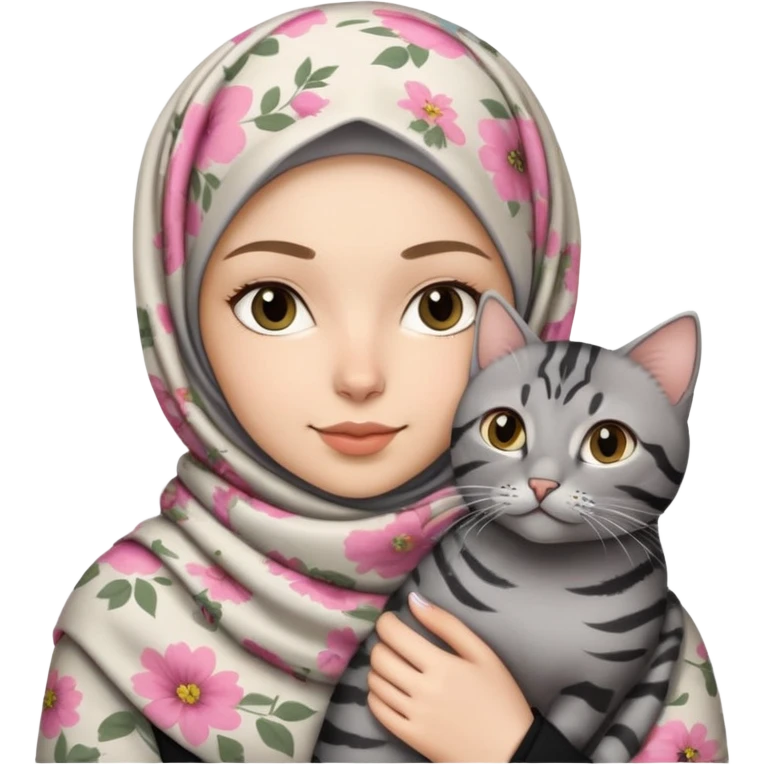 White girl wearing flower patterned hijab holding a black gray tabby cat emoji