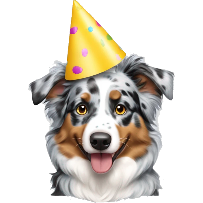 blue merle australian shepherd with a party hat emoji