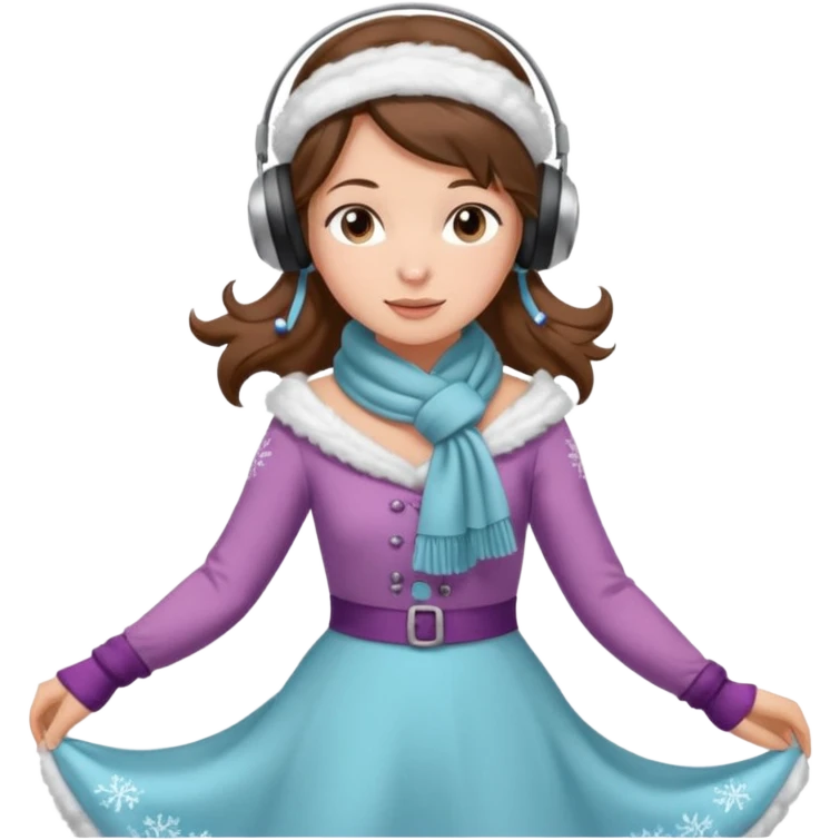 Victorian ice skater in a long dress. She is wearimg a scarf and earmuffs. She has brown hair. emoji