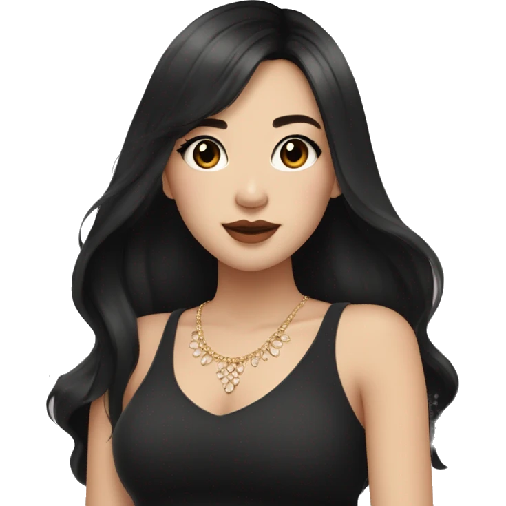 asian girl with long black hair with brown eyes plump lips with long eyelashes in a black top and jewelry on her neck with light makeup on her face in light colors emoji
