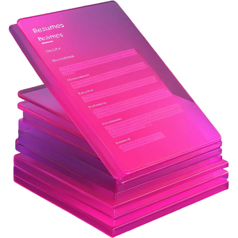 stack of resumes, transparent glass with bright pink gradient from #FF335F to #FF99AA, soft shadows and highlights, minimalistic emoji