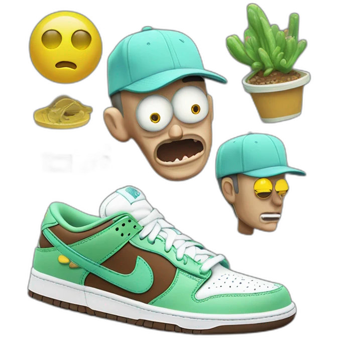 Rick et morty avec des dunk low et des casquettes emoji