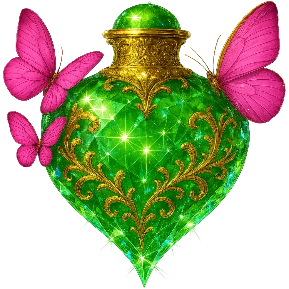 Make the bottle more crystalline with enhanced crystal effects, glowing, and light reflections. Keep the green heart shape, golden details, and pink butterflies attached to the bottle. Maintain a transparent background with a beautiful merging bottom and the bottle hanging in the air. No base or shadow. The design should be elegant and vivid. emoji