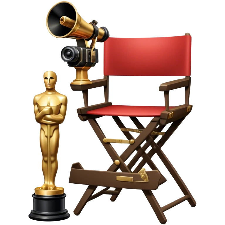 Professional icon for Directing: a collage featuring a director's chair, a film camera, a megaphone and an Oscar trophy. The icon should represent the craft and creativity of film directing, with emphasis on leadership and cinematic artistry. Transparent background. emoji