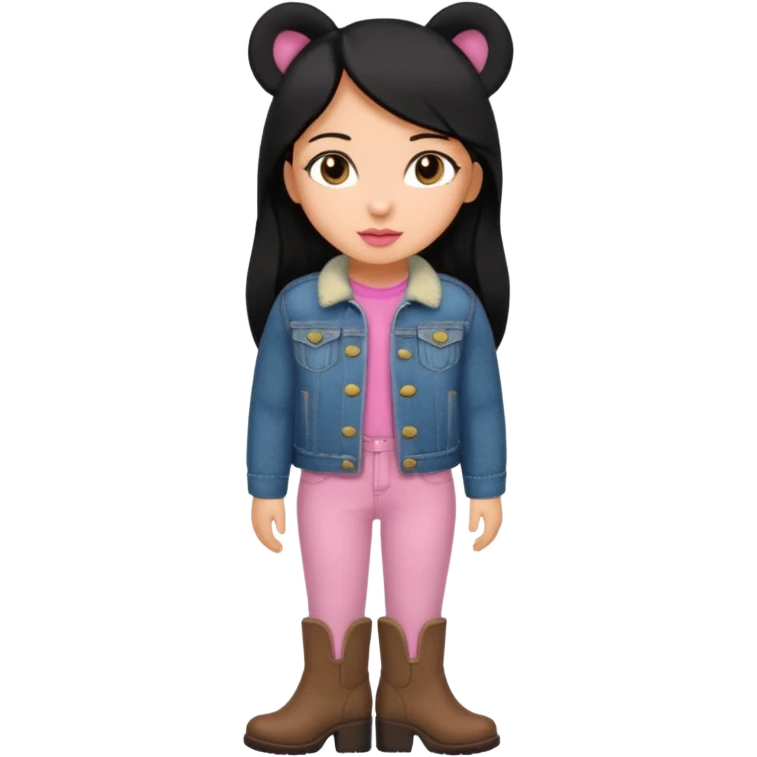Gordita, ojos pequeños de color cafe oscuro, labios pequeños y rosados, piel trigueña, orejas pequeñas, cabello largo lazio y negro, pequeña. cuerpo completo. vestida con saco de lana jean y botas color café sin orejas emoji