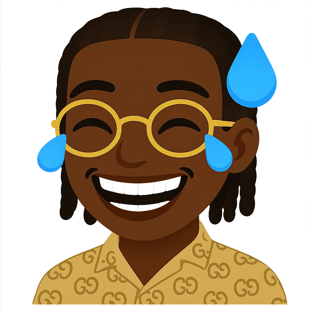 Create an emoji of a laughing face with tears of joy in the general style. The face should be slim, not big, with well-defined, natural white teeth. Keep the same braided hairstyle with the same implantation, volume, and shape. Include the same golden glasses and the same patterned shirt. Maintain the same black skin tone as the provided emoji. The background should be transparent. Respect the general style of the original emoji. emoji