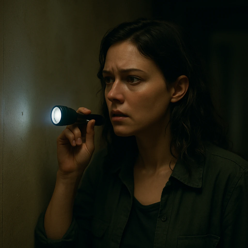Cinematic still of a Woman looking for a dot emoji