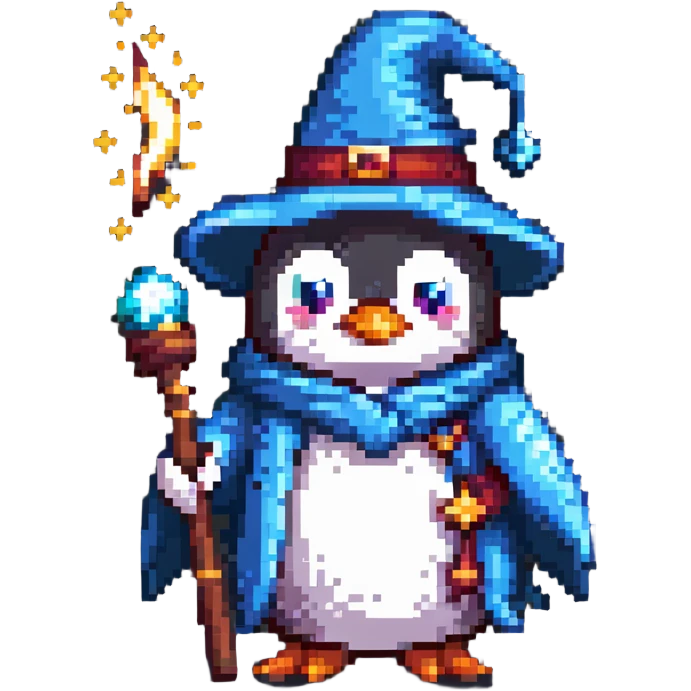 Penguin wearing wizard hat and robe holding a magic wand emoji