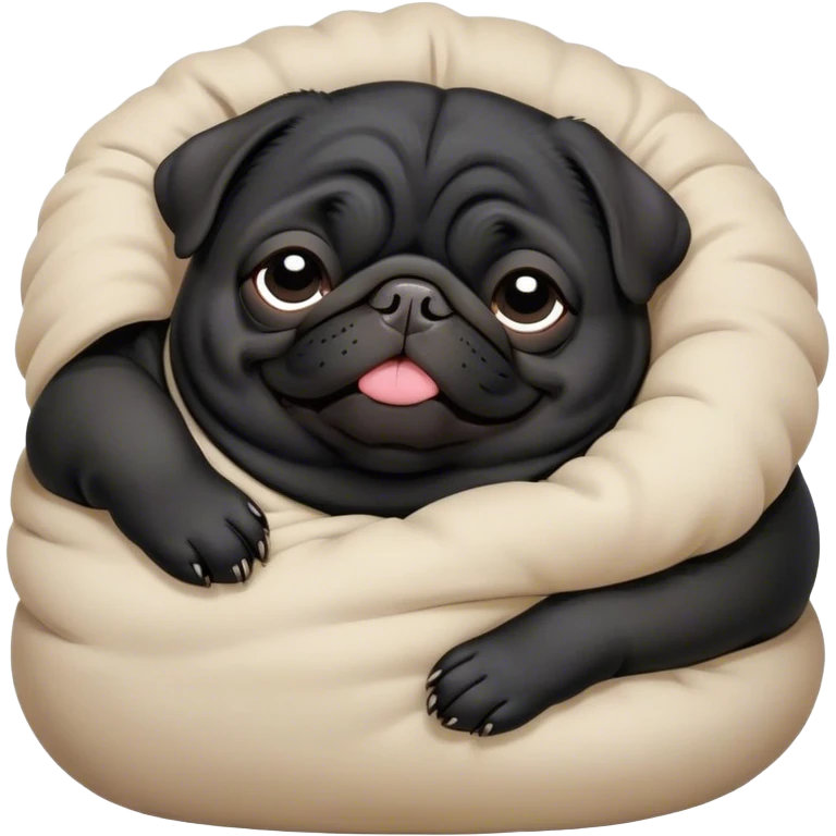 Cinematic Meme-Worthy Chubby Sleeping Black Pug Portrait Emoji, Head resting peacefully with a contented smile, showcasing a delightfully chubby build and a luxuriously soft black coat, eyes shut in a serene nap, Simplified yet hilariously adorable features, highly detailed, glowing with a soft, drowsy light, high shine, relaxed and utterly lovable, stylized with an air of playful laziness, bright and heartwarming, soft glowing outline, capturing the essence of a comically sleepy companion, so meme-worthy it feels like it could instantly become the next viral sensation of adorable slumber! emoji