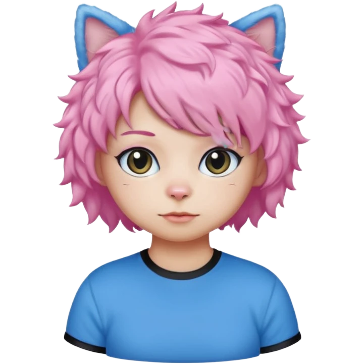 Black cat wearing a short curly pink hair wig, blue T-shirt emoji