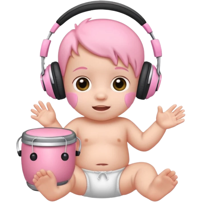 a cute baby in a white diaper and headphones playing a baby pink bongo emoji