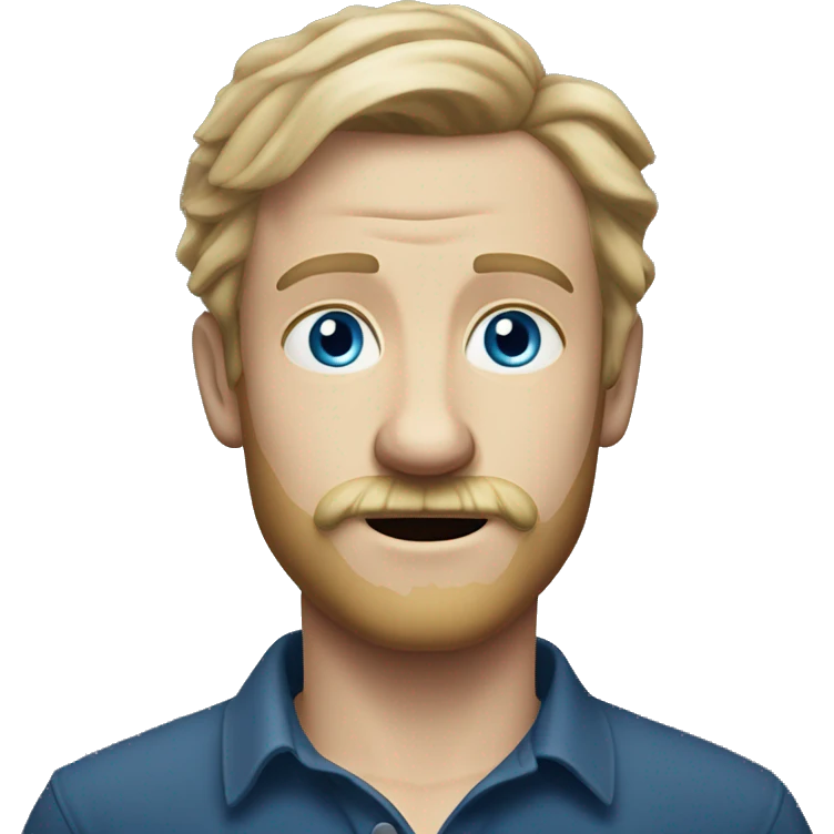 white man with dirty blond hair light beard with mustache little piece of hair that bends over middle part, British expressions, spooky blue eyes emoji