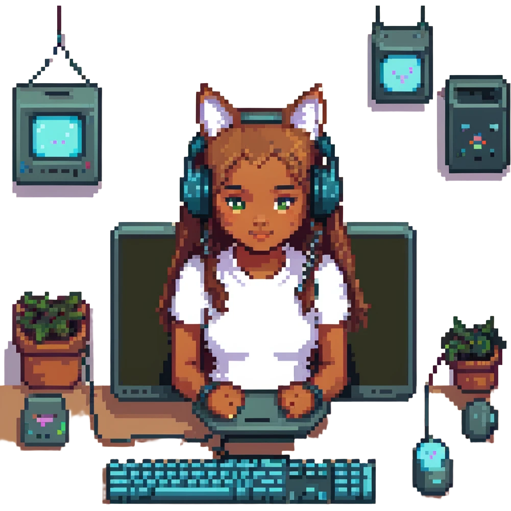 girl with cat headphones at a desk, light brown skin, focused on computer pixel art emoji