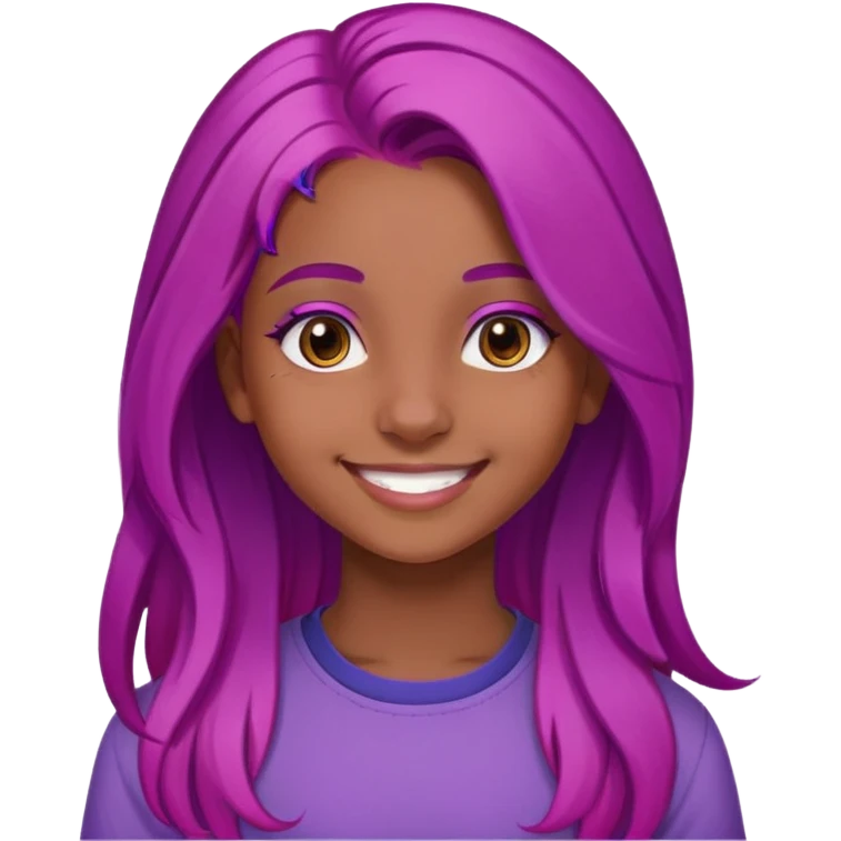 Con gái, 15 tuổi, cười mỉm, da nâu, tóc tím hồng sáng dài ngang lưng emoji