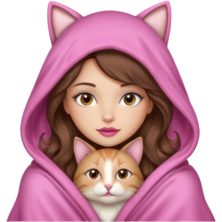 girl with long wavy brown hair, brown eyes, long lashes makeup, sexy pink lips, light to medium complexion, wearing a pink sexy silk top, big blanket over the head cozy holding a cat, no cat ears on the hood emoji