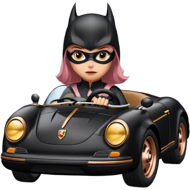 BatGirl driving her satin-black and rose gold 56 Porsche spider too fast in the country despite the rainy conditions making the tires slippery sliding sideways  emoji