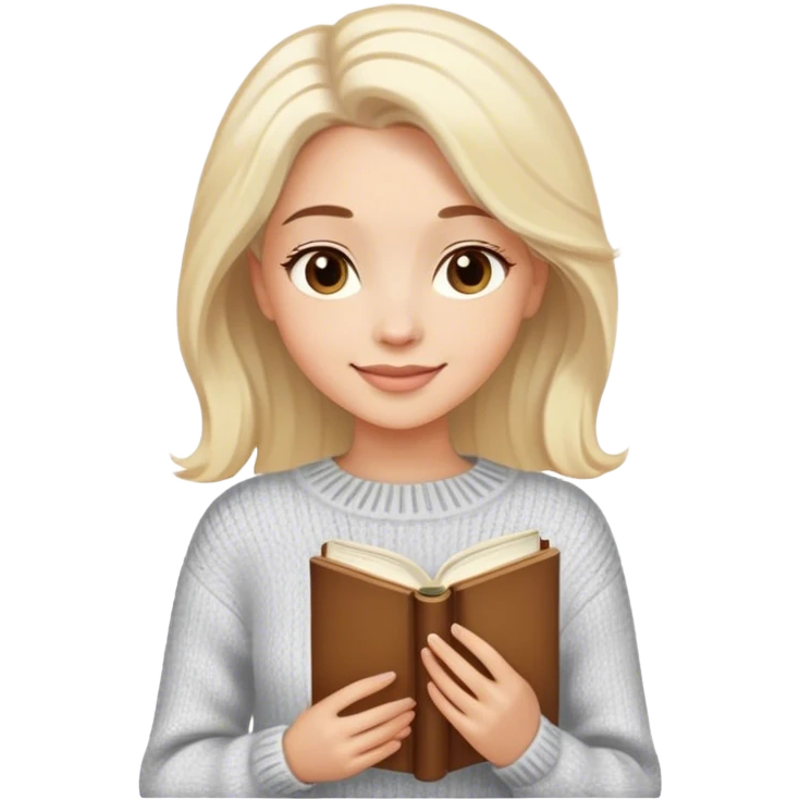 a woman in a luxurious warm sweater with a slight smile and light-colored hair. She is enjoying life while holding a book. emoji