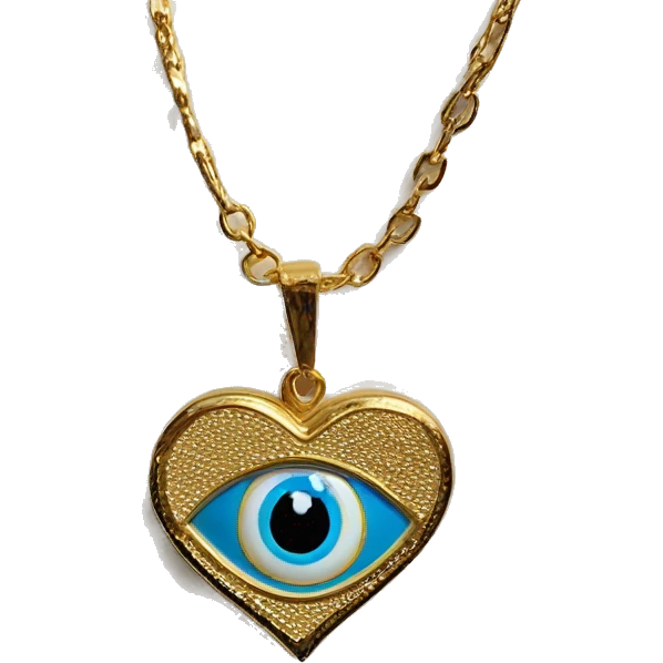 Turkish light blue evil-eye symbol inside of a gold heart necklace emoji