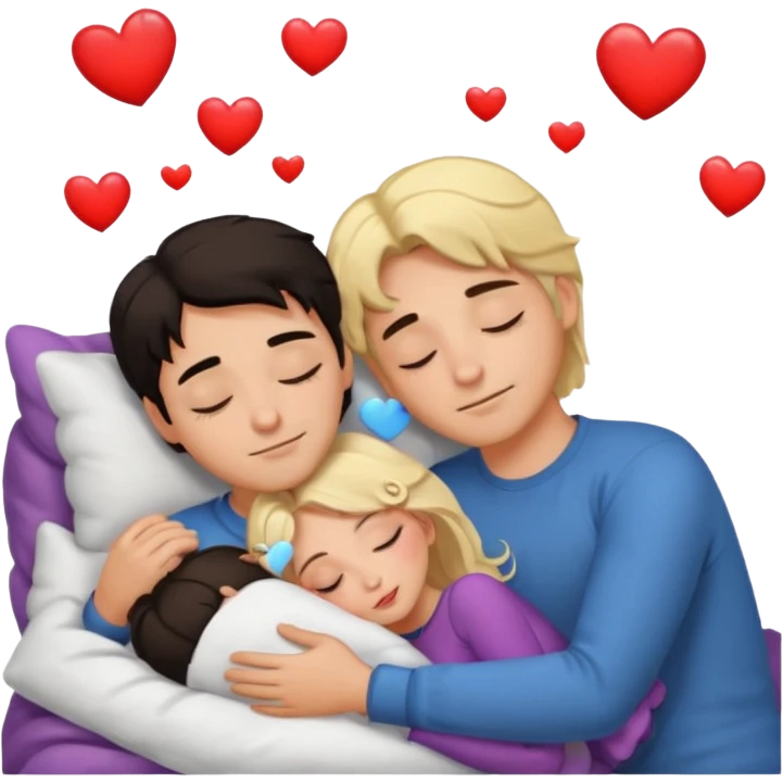 Sleeping romance couple. man has dark hair. woman is blonde. hearts around them. emoji