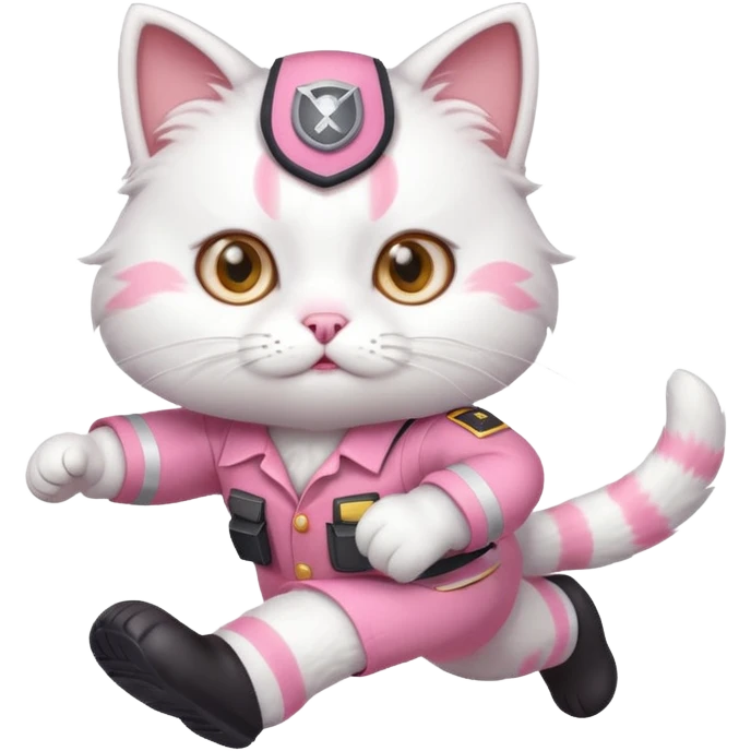 A cute white and pink cat dressed as an ingeneer running fast emoji