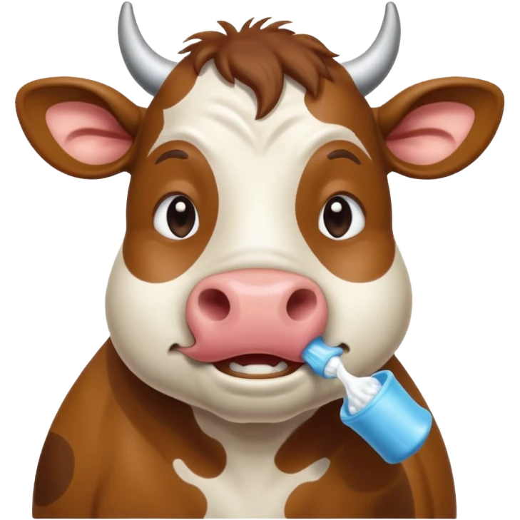 A cow brushing its teeth, looking sleepy and drowsy, portrait, bust up emoji