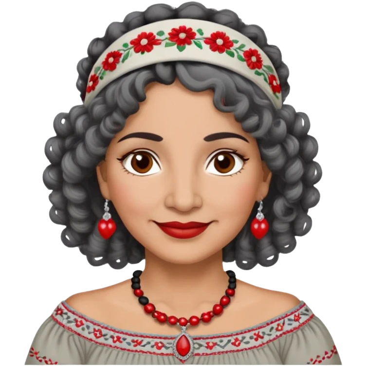 Latina woman, about 55 years old, slightly darker warm brown skin, round soft face, curly black and gray hair, red and white headband, medium eyes, thin eyebrows, gentle smile, gray peasant blouse with embroidery, bare shoulders, large dark necklace emoji