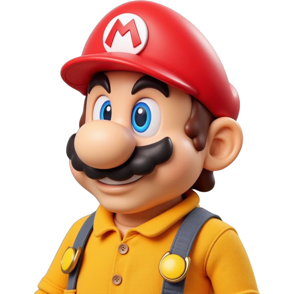 a worker in factoryA 3D-rendered head of a character inspired by Super Mario, facing slightly from front-left to right. The head should include his signature red cap with an ‘M’, large round nose, thick mustach emoji