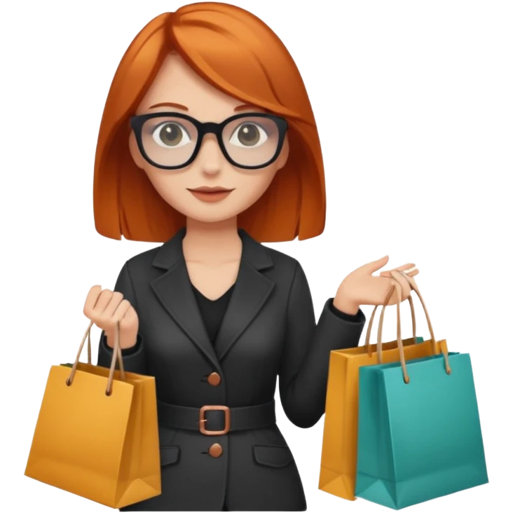 Mujer joven blanca con cabello cobrizo lentes oscuros vestida a la moda con bolsas de compras emoji