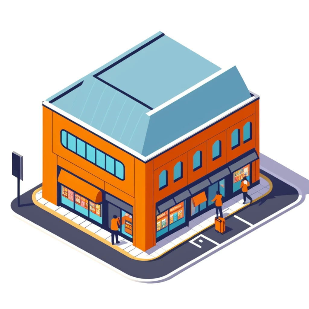 Isometric Sainsbury's Local smaller format store with orange facade, ATM outside, and pedestrians with shopping bags emoji