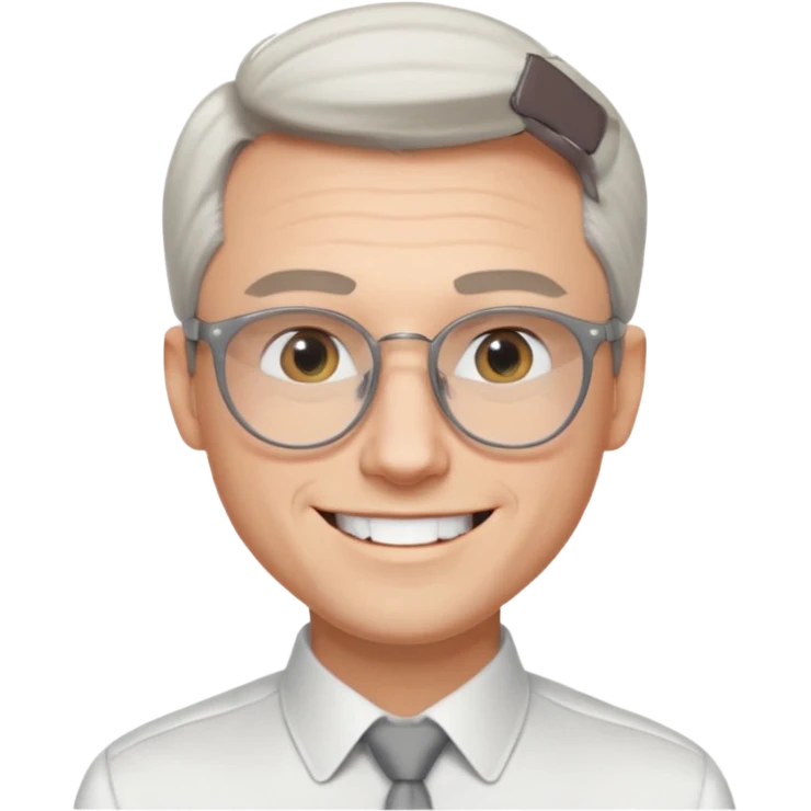 30 yr old pale white man, white/grey side swept stylish hair, round glasses, big smile, white teeth, handsome, longer hair, thin glasses, white dress shirt, smooth forehead, botox, no tie, open collar emoji