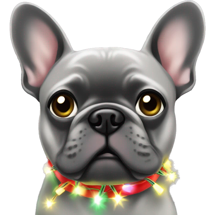Grey frenchie chewing on Christmas lights emoji
