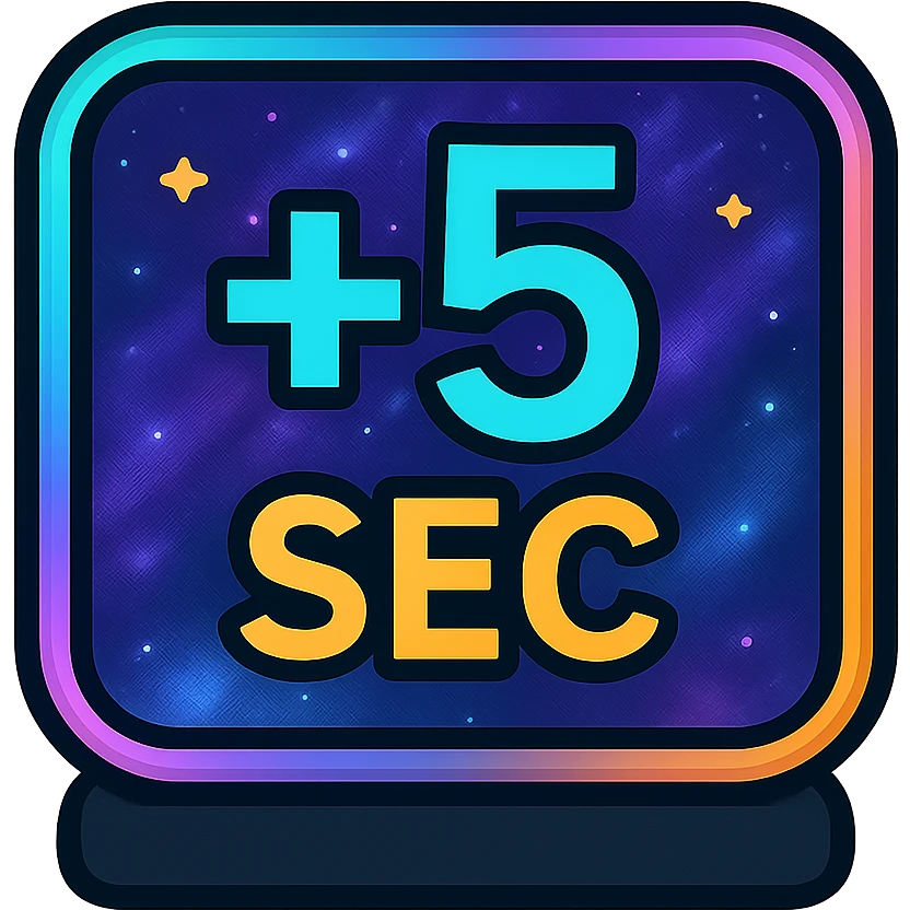 +5 sec icon with dark purples, blues, black base, neon glowing border, sophisticated nebula gradients, subtle small stars, clean lines, minimalistic, luminous effect, accent colors cyan, pink, yellow, green, orange, professional look, consistent with media controls set emoji