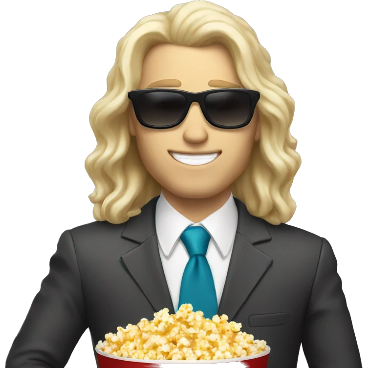 long hair white man in suit with sunglasses eating popcorn with a cap emoji